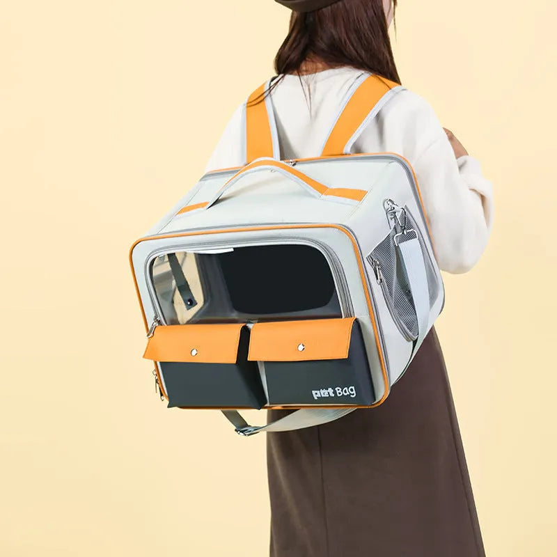 Portable nylon outdoor cat backpack in brown colour with foldable design laid flat