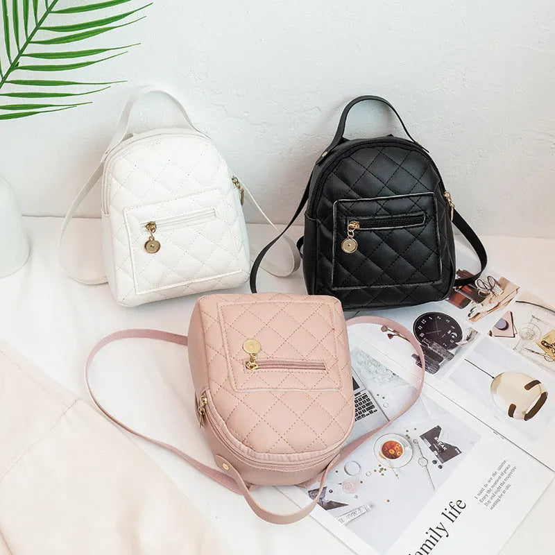 Girls' Korean style embroidered backpack in hard PU measuring 16x7x19cm in black, white or pink