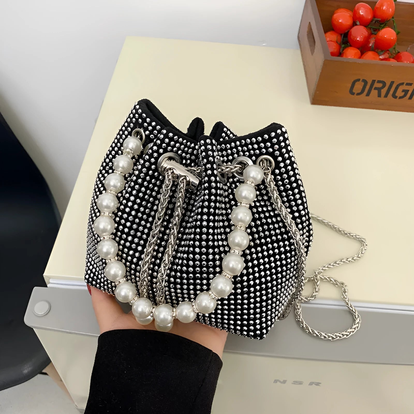 Western style chain crossbody shoulder bag with diamond detailing in soft PU material