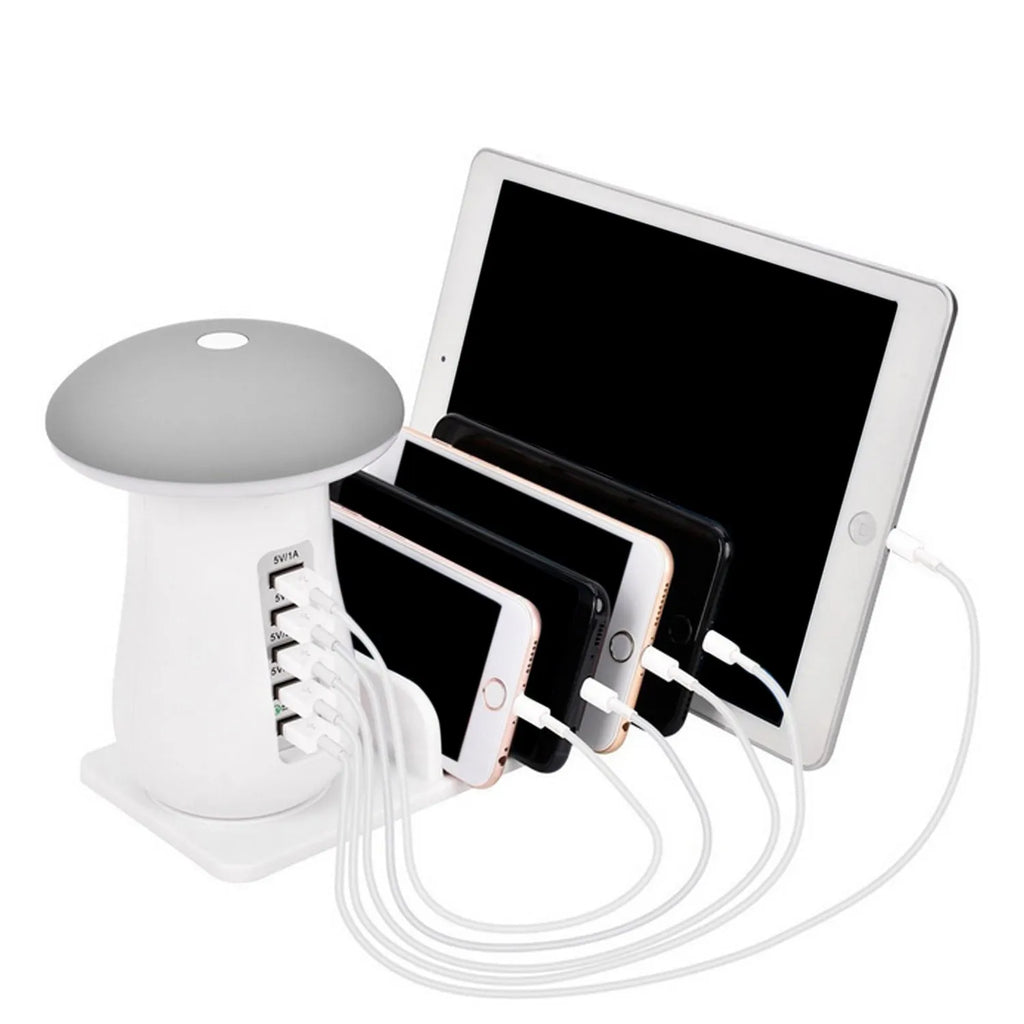 White mushroom-shaped USB charging station with five ports and LED night light for phones and tablets