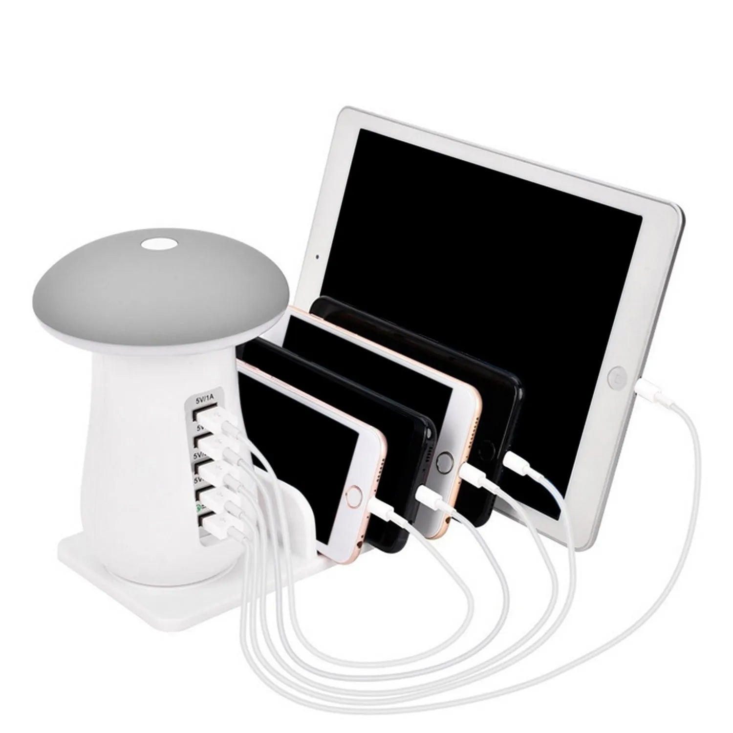 White mushroom-shaped USB charging station with five ports and LED night light for phones and tablets