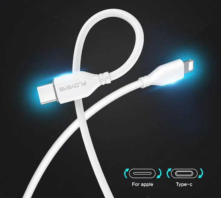 White braided USB-C to Lightning charging cable 105cm length with aluminium connectors