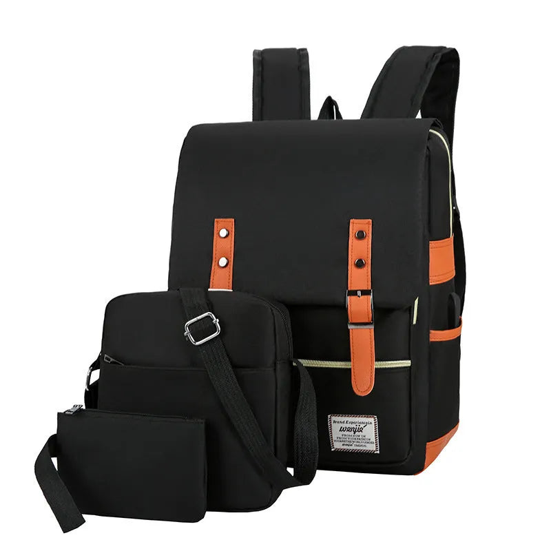 Oxford cloth three-piece business backpack set with curved shoulder straps in black colour