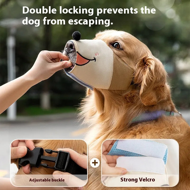 Canvas dog mouth cover muzzle in Ollie Brown Bear colour, shown alongside Bondi Blue Shark option.