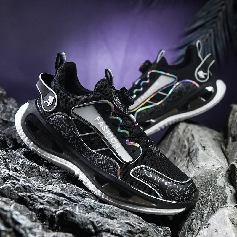 Men's low-top mesh sports shoes in black with elastic band and textured Popcorn TPU sole.