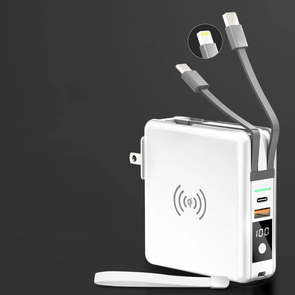 Super QI Wireless Power Bank 10000mAh with built-in plug showing black and white options