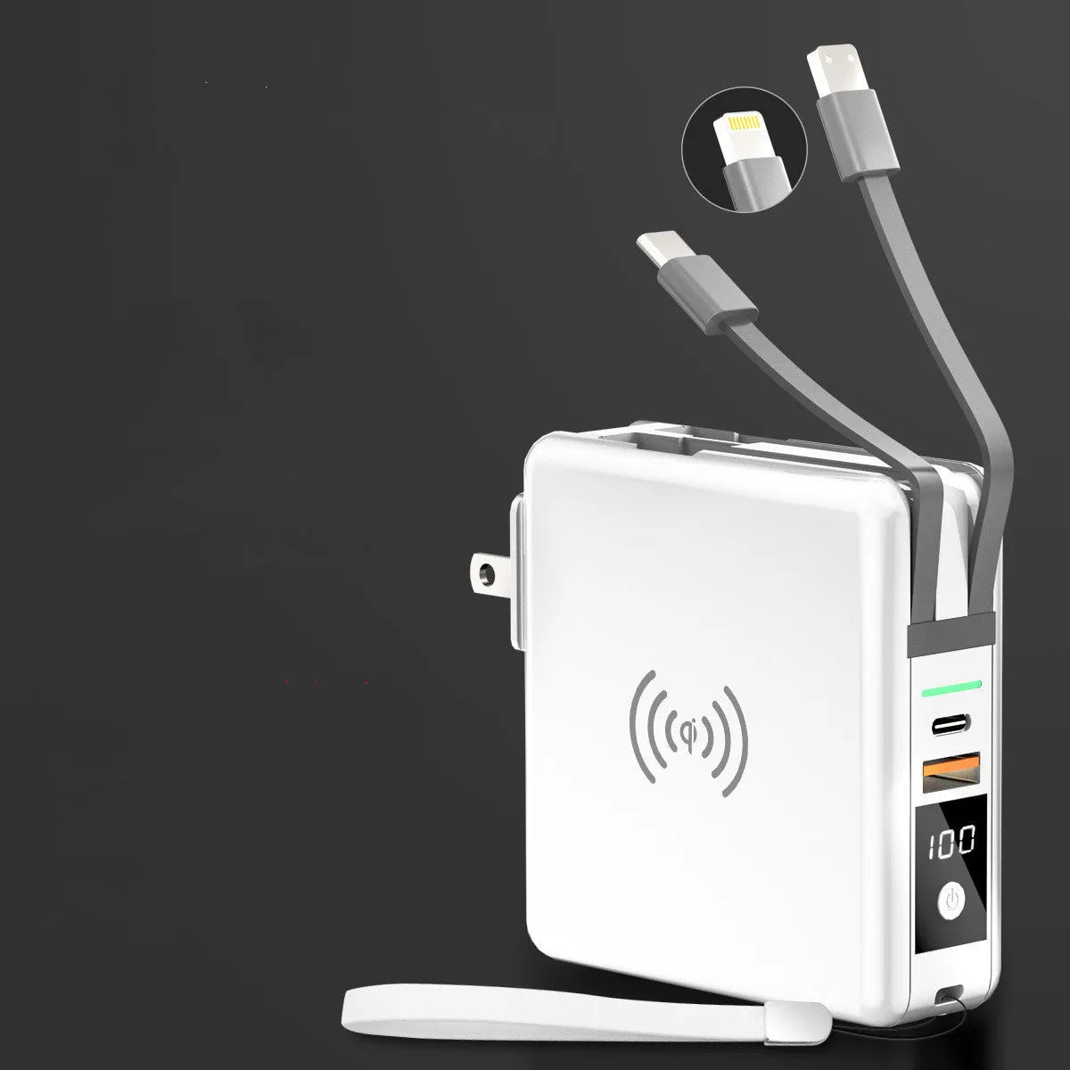 Super QI Wireless Power Bank 10000mAh with built-in plug showing black and white options