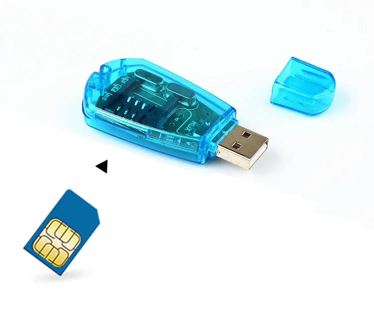 Blue external USB SIM card reader for mobile phone data backup and management.