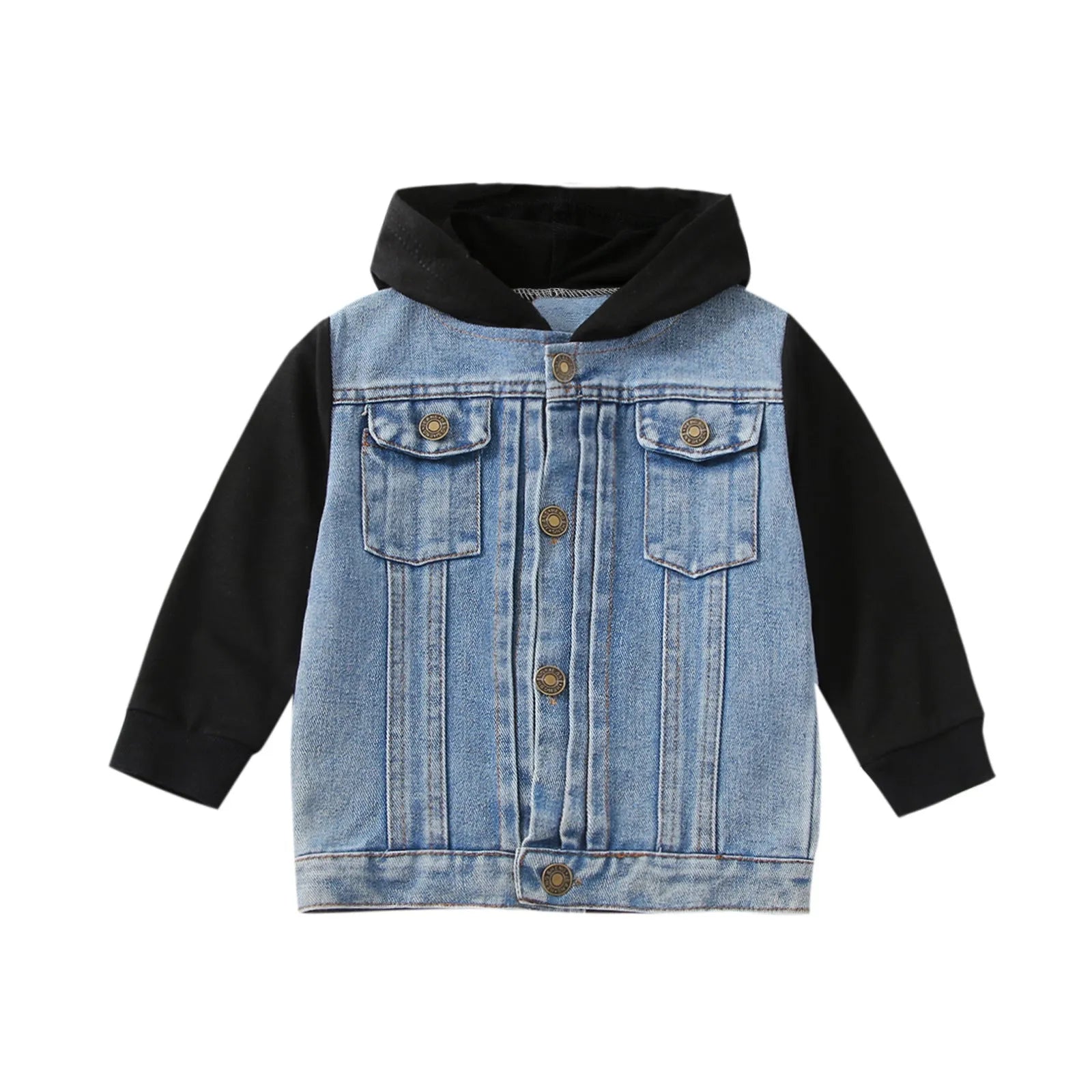 Boys cotton hooded denim coat with cartoon print in blue colour, long sleeves, single-breasted front