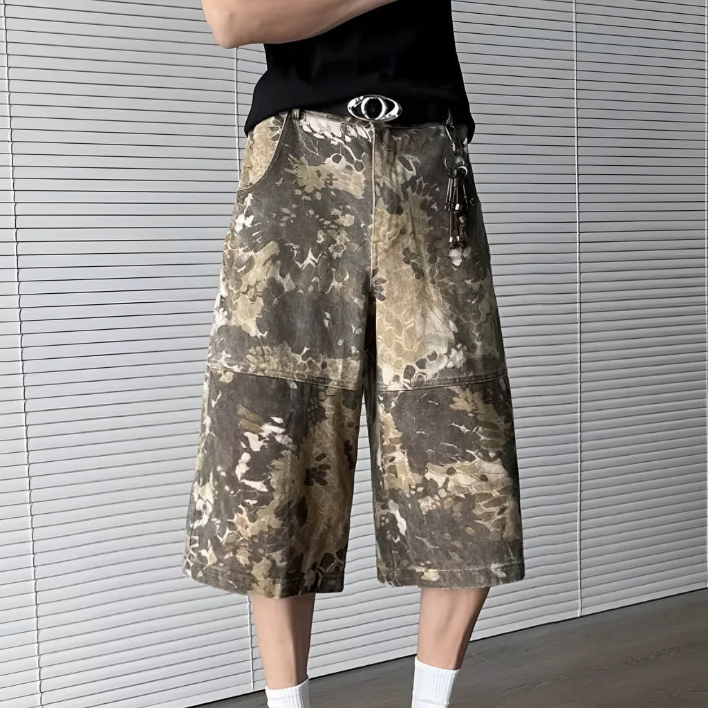 Women's yellow camouflage jeans with snake pattern tooling and cropped leg design