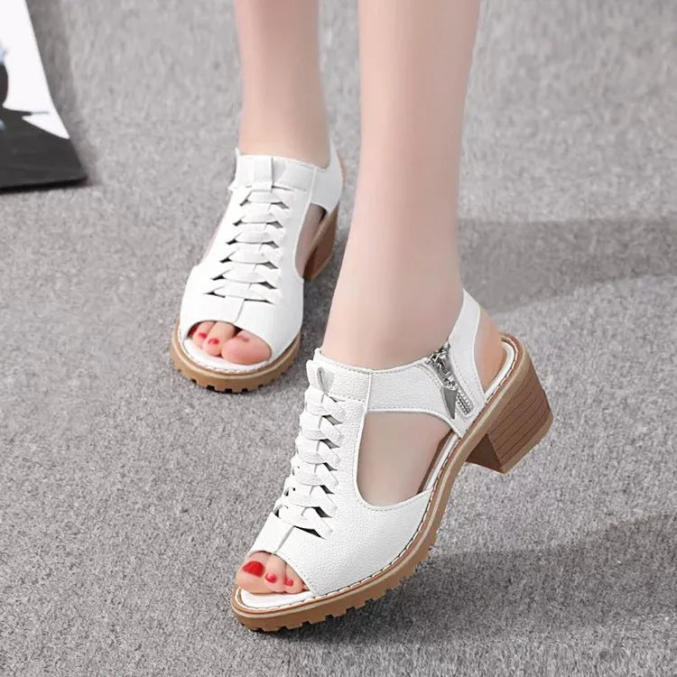 Women's retro sandals with side zipper and 3-5cm middle heel in black, white, and creamy white.