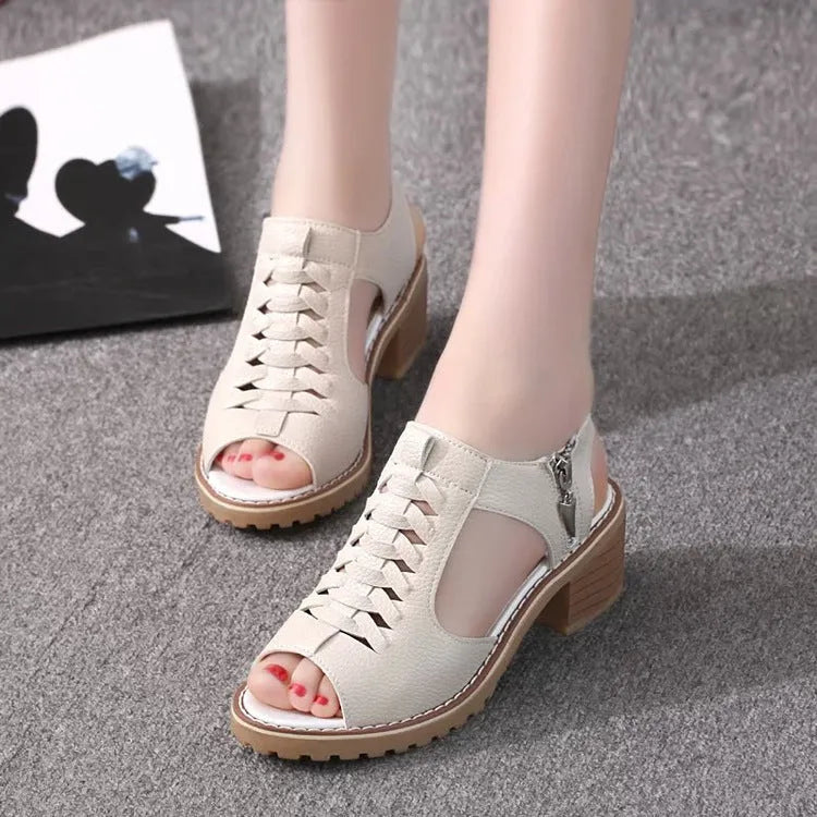 Women's retro sandals with side zipper and 3-5cm middle heel in black, white, and creamy white.