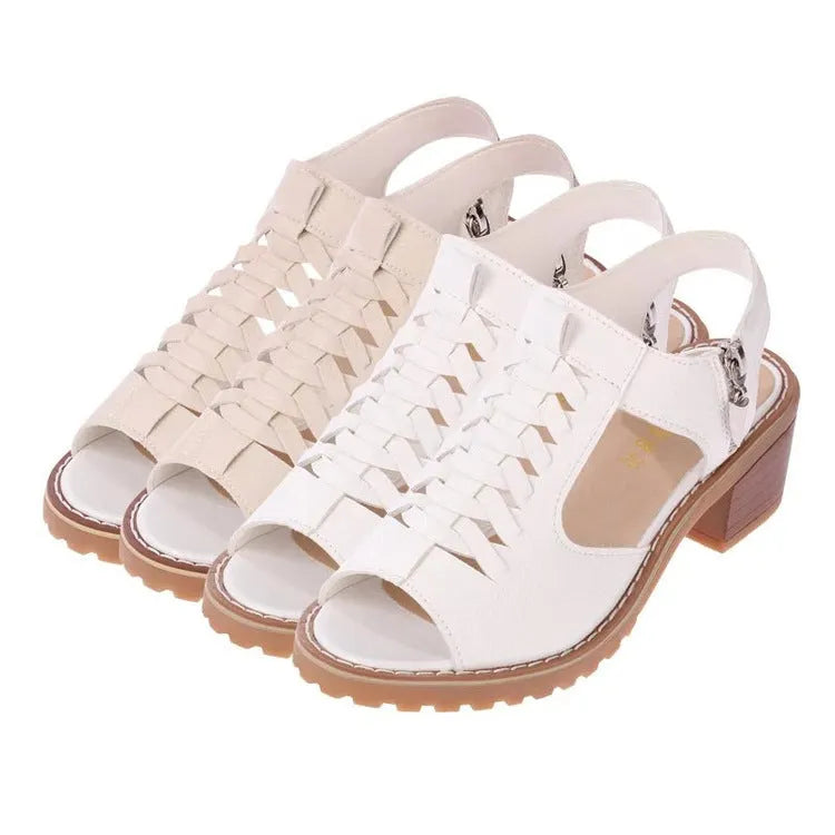 Women's retro sandals with side zipper and 3-5cm middle heel in black, white, and creamy white.
