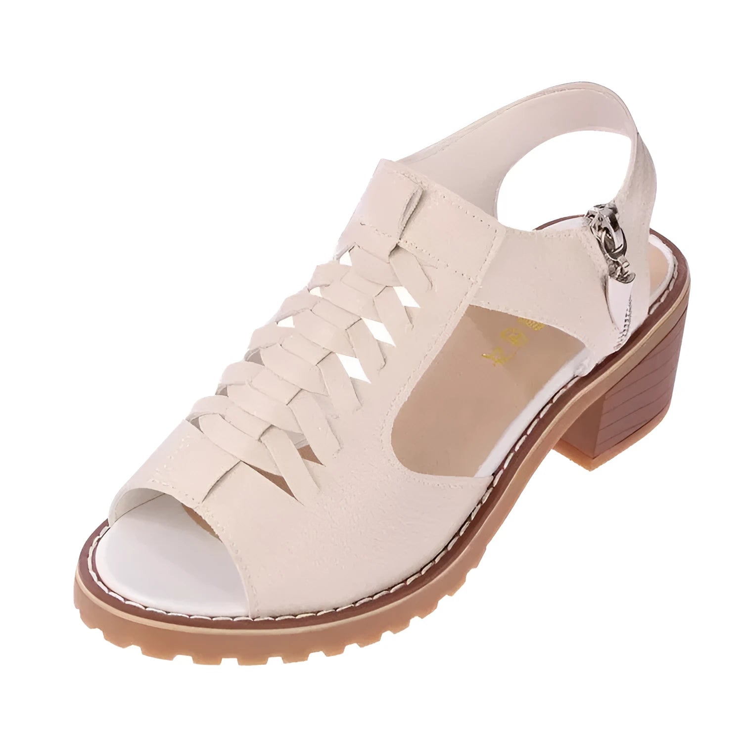 Women's retro sandals with side zipper and 3-5cm middle heel in black, white, and creamy white.