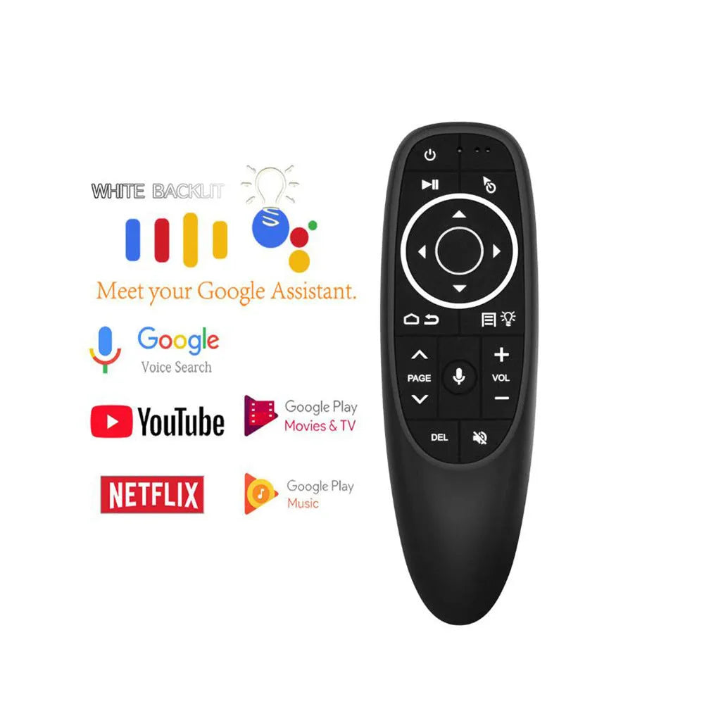 G10 series intelligent voice remote control with plastic shell and silicone buttons showing three colour-coded model variants
