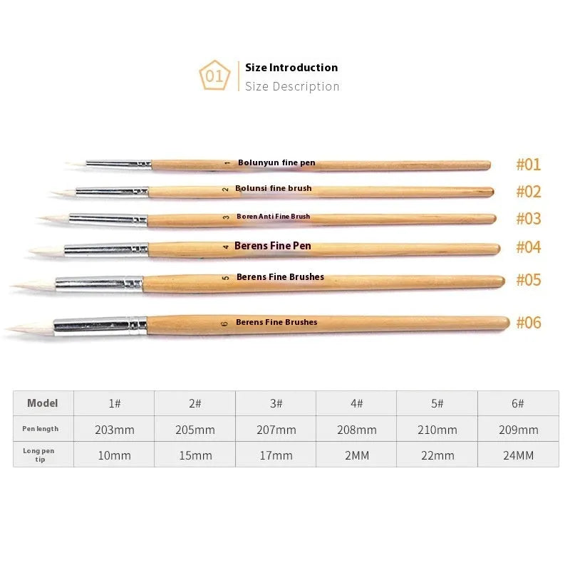 Six wooden hook artistic brushes for line painting and detailed craft work in conventional colours
