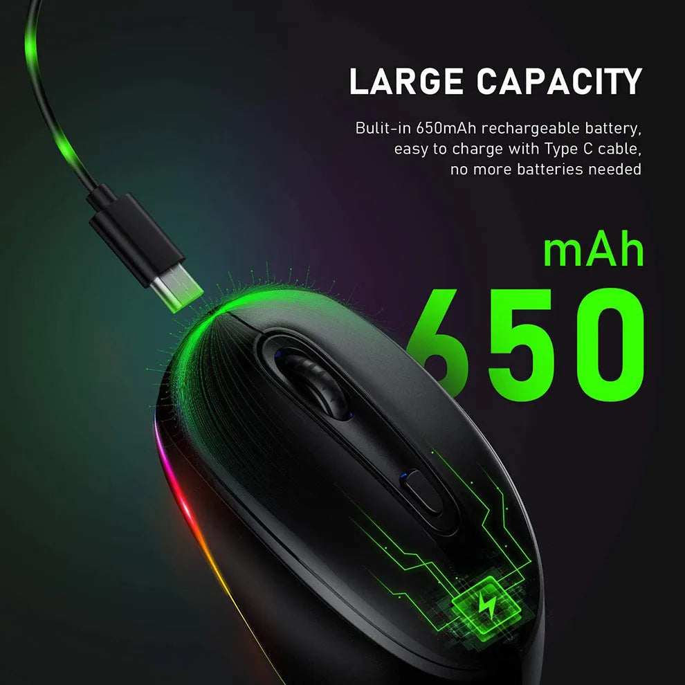 Compact 24g wireless ergonomic mouse with USB charging cable on a desk next to a laptop.