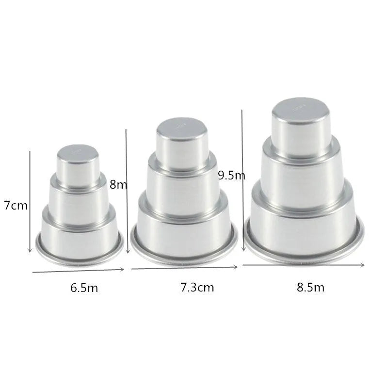 Three silver aluminium alloy cake moulds in large, medium and small sizes for tiered baking