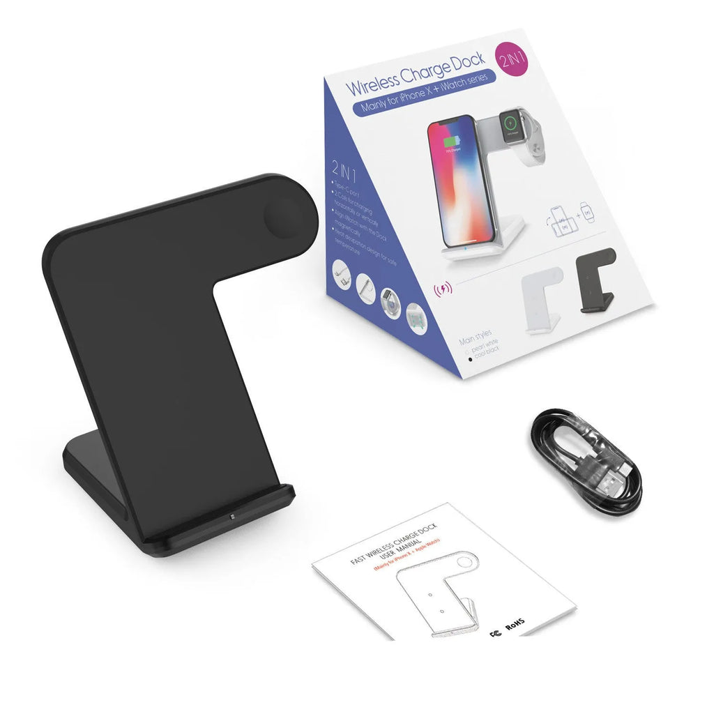Black wireless phone charger on a desk next to a mobile phone, with a white Type-C cable.