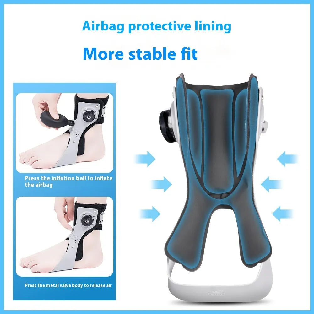 Grey ankle support brace with airbag button mechanism for left foot stabilisation