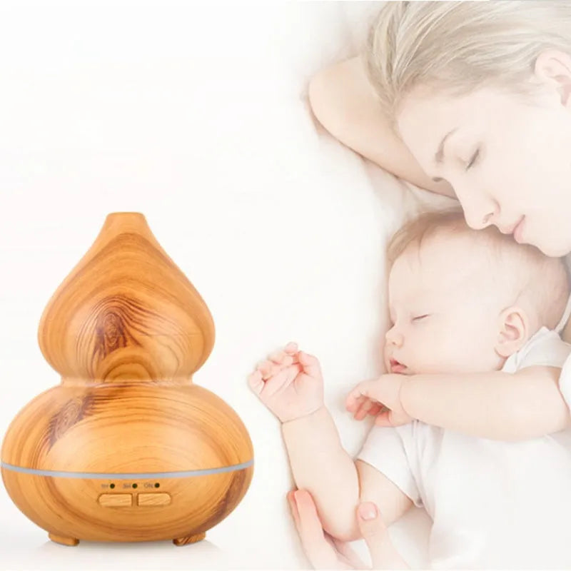 150ml wood grain ultrasonic aromatherapy diffuser with dark wood finish on a table