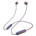 Black wireless sports earphones designed for neck mounting with custom logo printing area visible