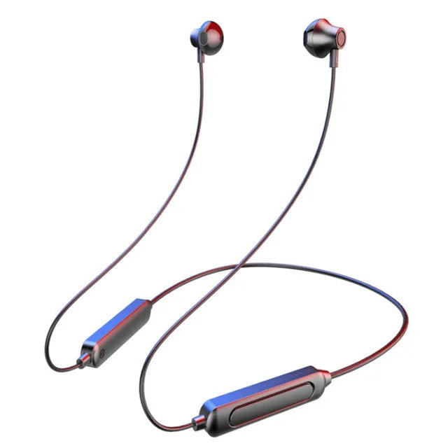 Black wireless sports earphones designed for neck mounting with custom logo printing area visible