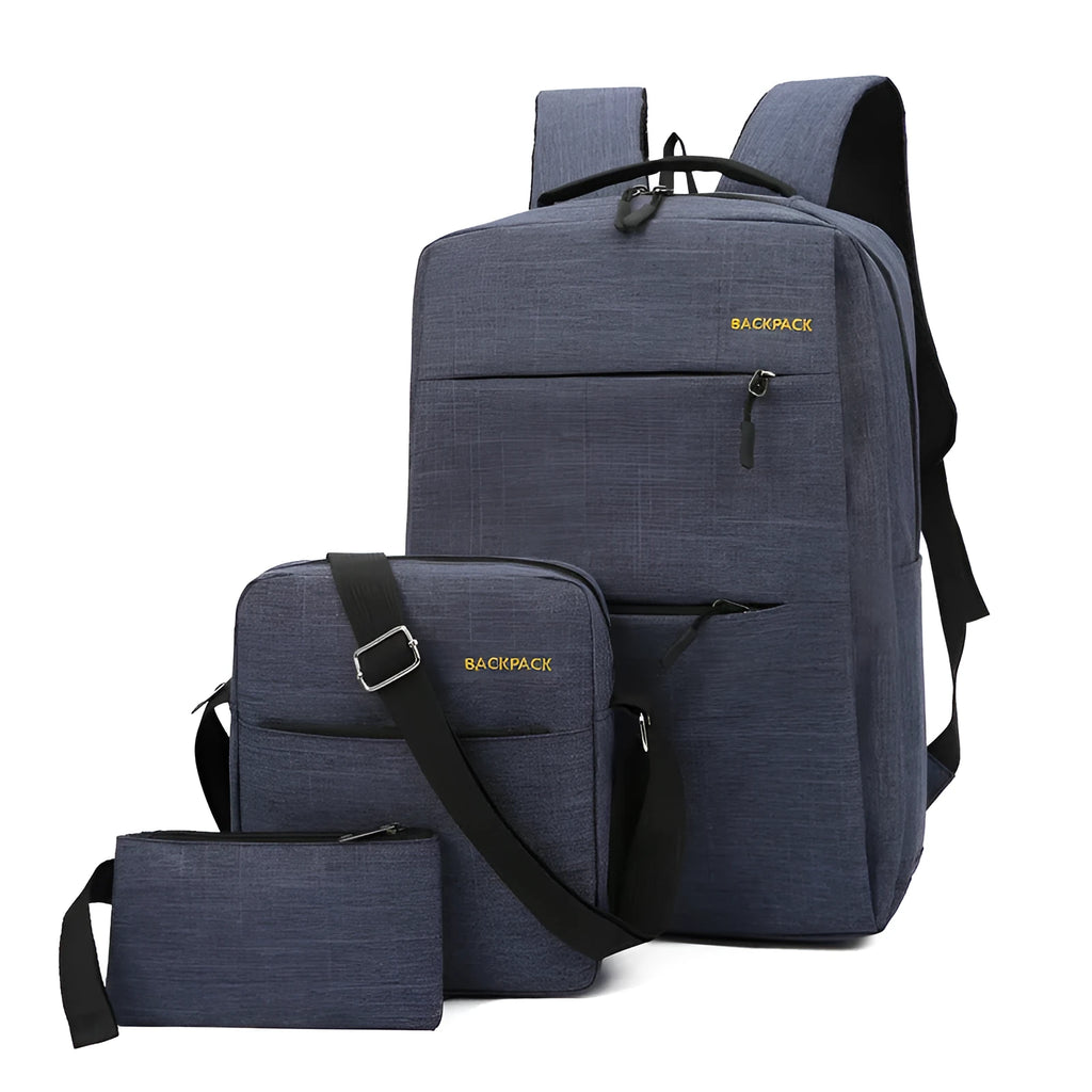 Three matching men's computer bags with USB ports in nylon showing wine red, black, grey and navy blue colour options