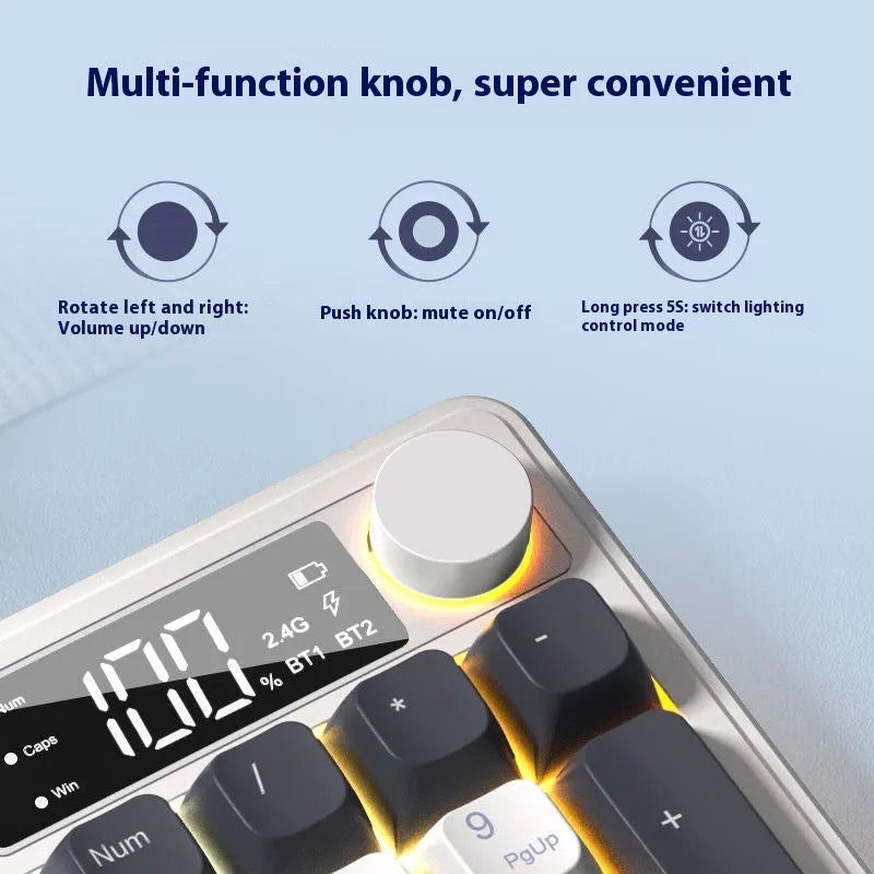 Blue and white wireless mechanical-feel keyboard and mouse set on a wooden desk