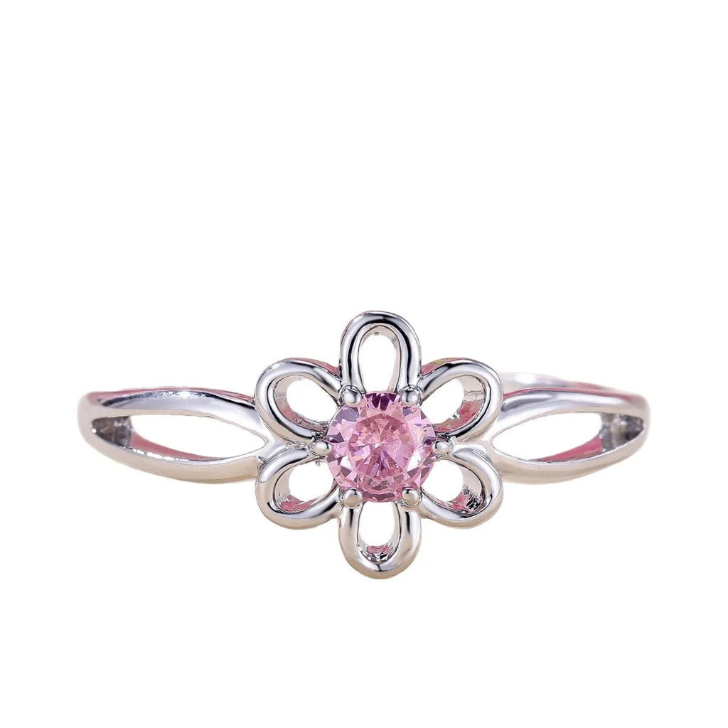 Women's copper ring with hollow floral design in electroplated platinum pink diamond colour