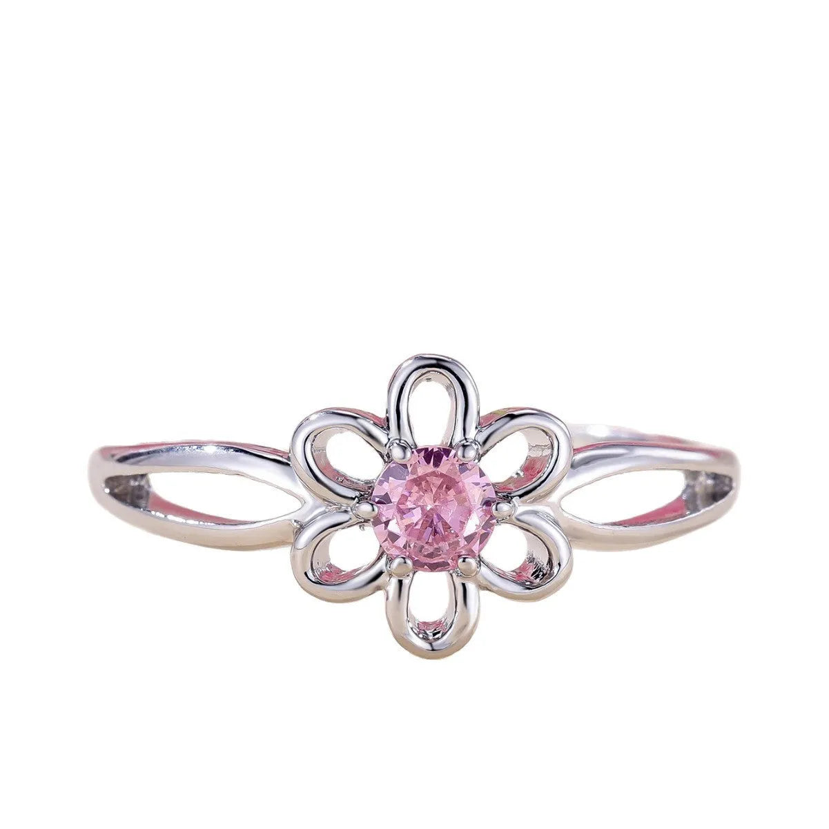 Women's copper ring with hollow floral design in electroplated platinum pink diamond colour