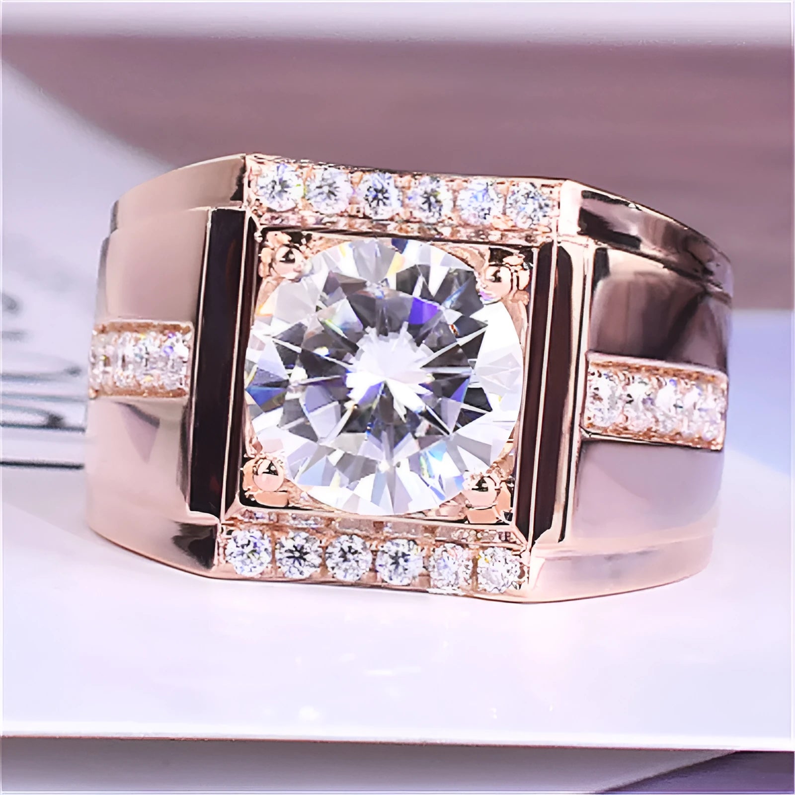 Adjustable high carbon diamond zircon men's ring in geometric design with electroplated finish