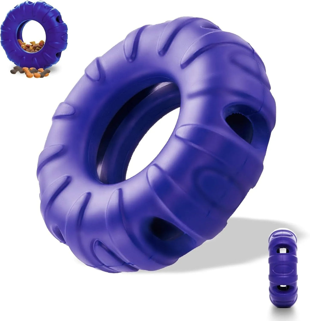 Blue tyre-shaped dog chew toy with oval openings for treat dispensing