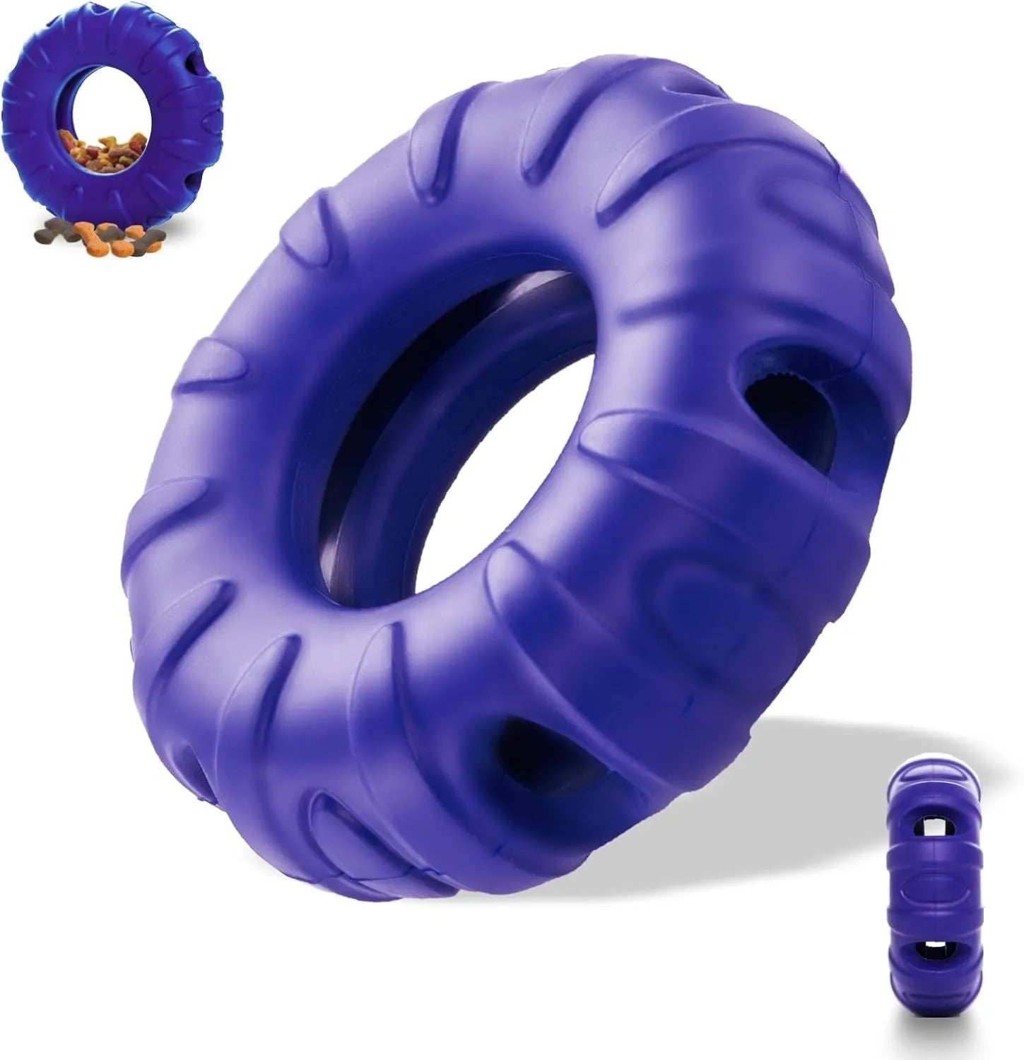 Blue tyre-shaped dog chew toy with oval openings for treat dispensing