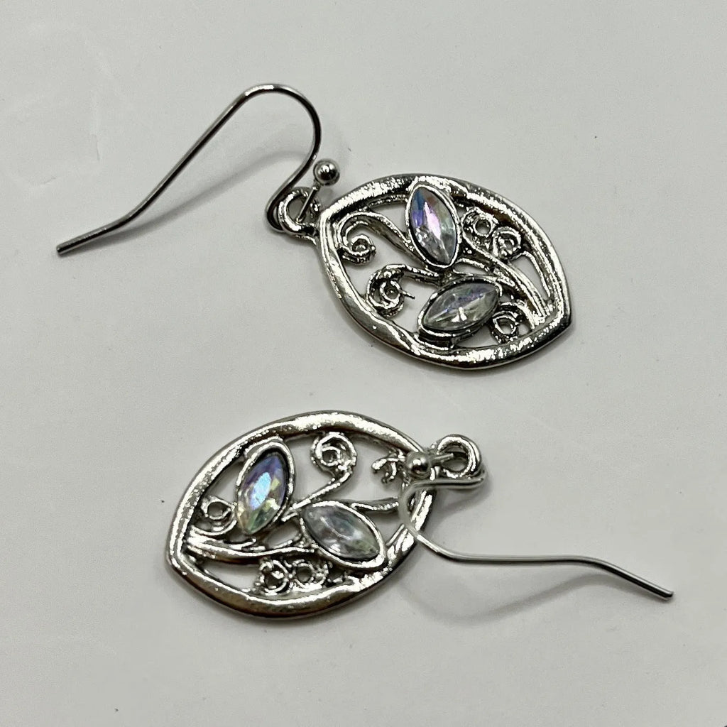 Silver colour women's earrings with leaves design and embedded colourful moonstones