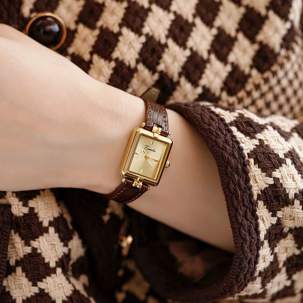 Women's retro special interest light luxury small square watch with black leather strap and gold frame
