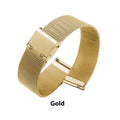 Milani woven stainless steel and silk watch band in silver, black, rose gold, or gold, showing texture.