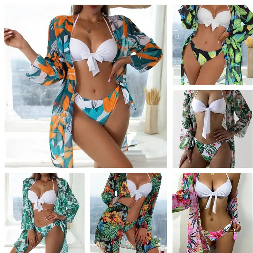 Women's three-piece mesh bikini swimsuit set with a coat, shown in multiple colours.