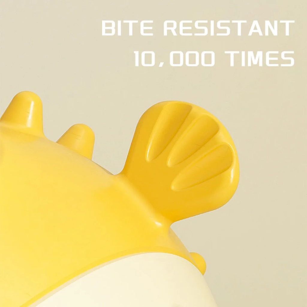 Yellow fish-shaped dog chew toy with textured surface for aggressive chewers