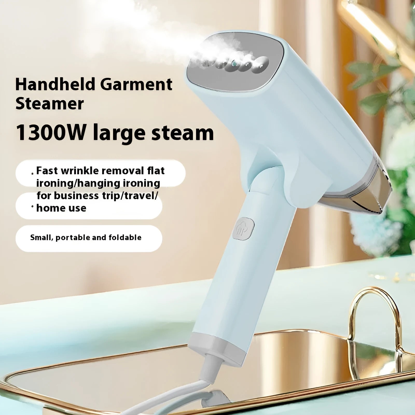 Blue and white handheld garment steamer with water tank and temperature control