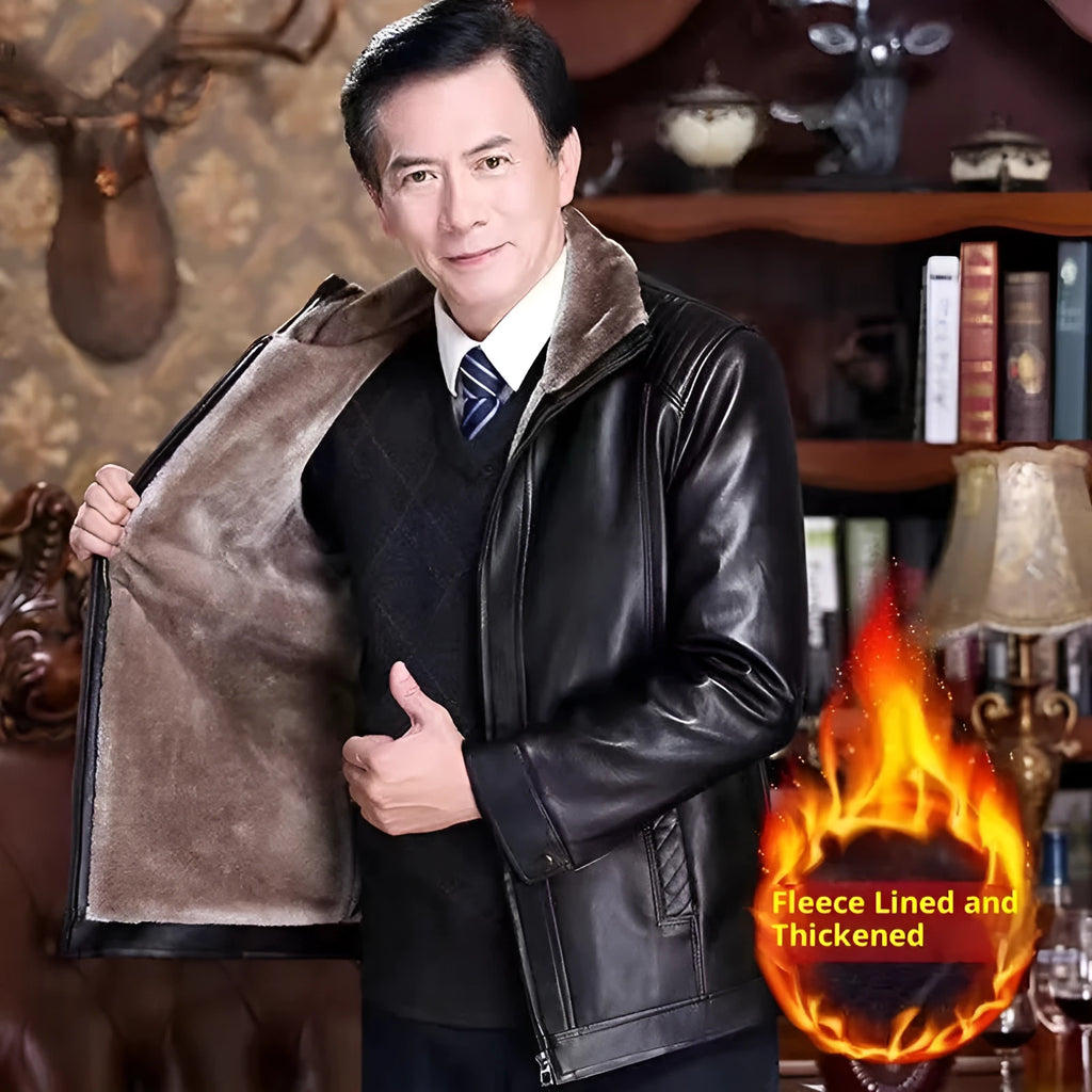 Men's fur-lined artificial leather jacket in brown, slim fit, side seam pockets