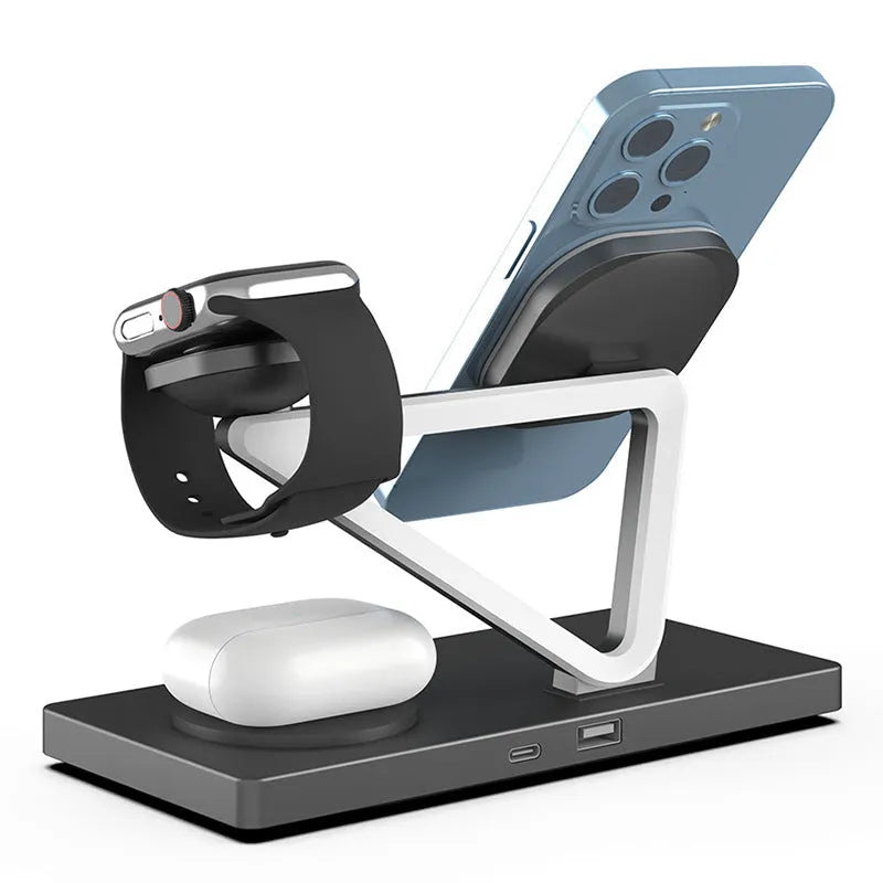 Five-in-one wireless charging night lamp showing magnetic bracket, watch charging position, and circular base station