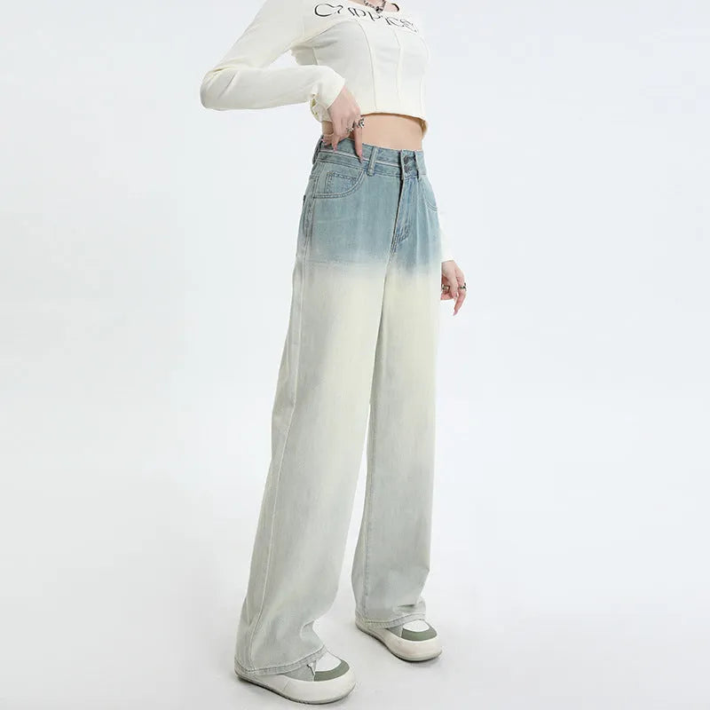 Women's gradient blue straight-leg wide-leg denim jeans in cotton fabric