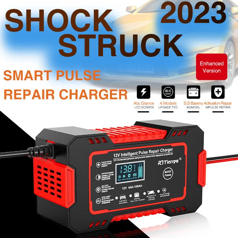 Red US standard car battery charger for lead acid batteries with on-screen display, 213x110x64mm