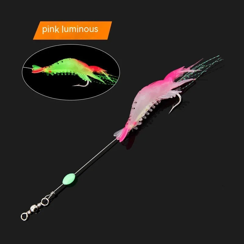 Six soft plastic fishing lures with hooks in various colours including luminous options on a blue background