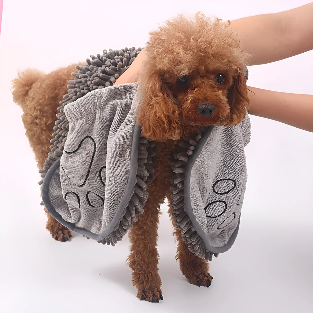 Grey pet scrubbing towel glove made of absorbent fibre, 35x80cm size, for cats and dogs