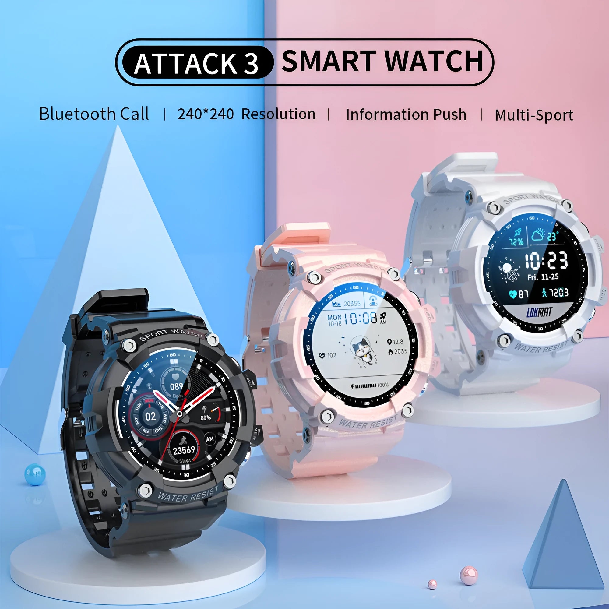ATTACK 3 IP67 waterproof Bluetooth sports watch with colour screen on wrist.