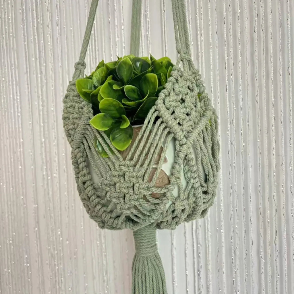 Hand-woven flower pot net pocket extension cord in brown polyester cotton