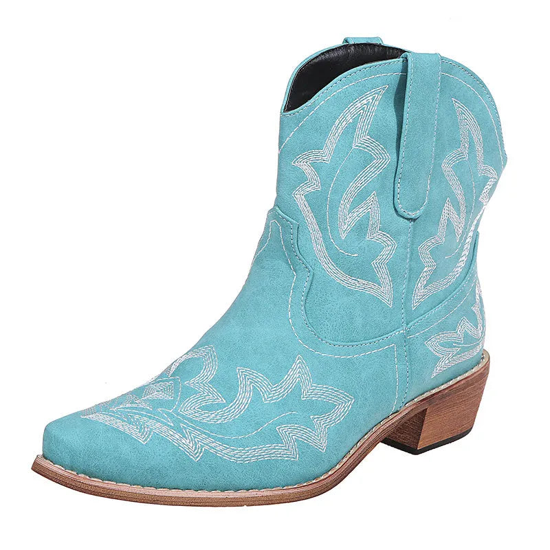 Women's blue Western cowgirl boots with embroidery details and low wedge heel