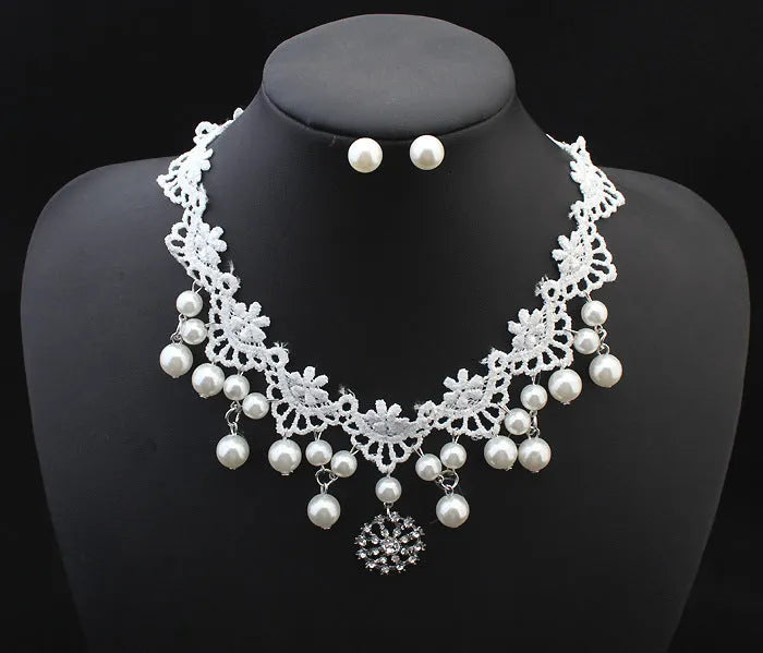 Three-piece white pearl jewellery set with necklace, earrings, and bracelet on display